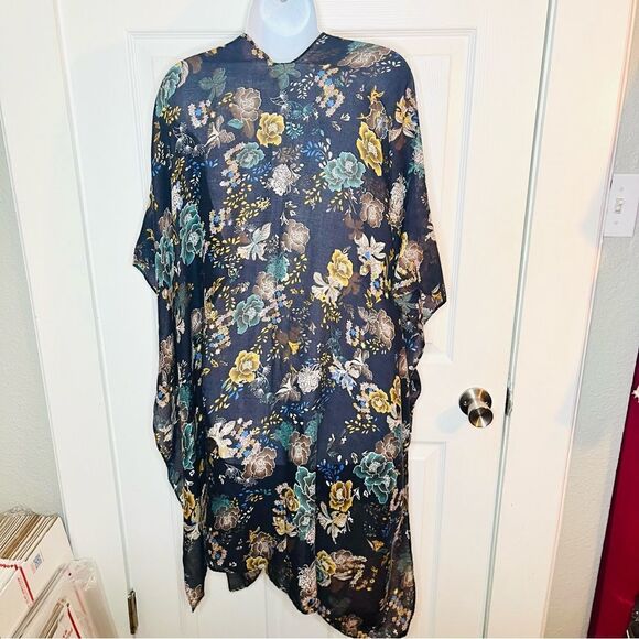 Marcus Adler Floral Kimono Shawl Midi Cardigan Navy Blue Yellow Multicolor OS - Picture 6 of 9